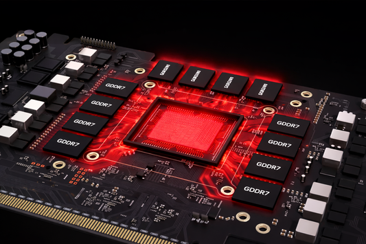 GPU with GDDR7 VRAM modules surrounding the graphics processor showing how video memory is connected on modern graphics cards