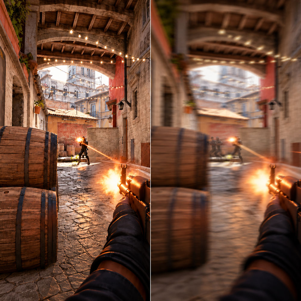 Side by side first person shooter comparison showing smooth frame delivery on the left and blurry uneven motion from poor 1 percent low FPS on the right