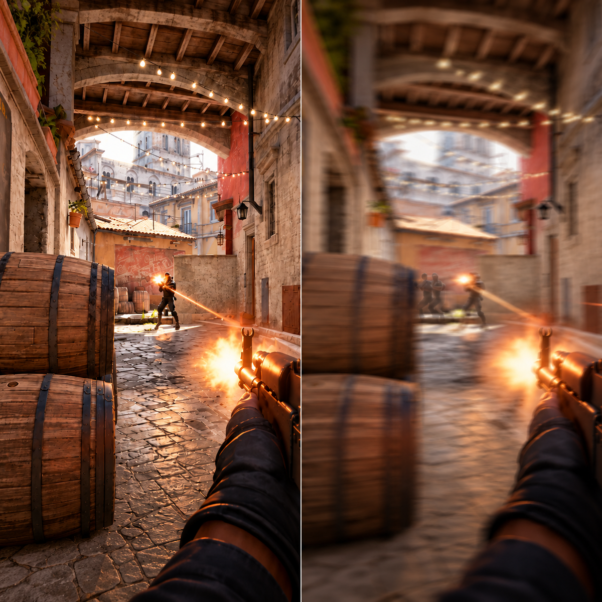 Side by side first person shooter comparison showing smooth frame delivery on the left and blurry uneven motion from poor 1 percent low FPS on the right