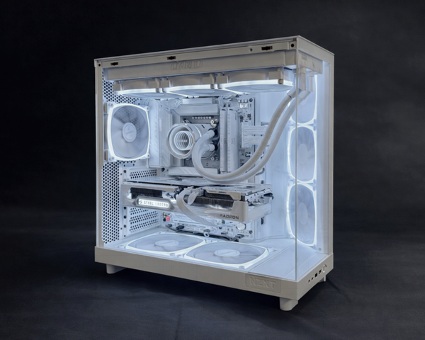 Performance-focused all white PC build with RX 9070 XT GPU, optimized for high FPS 1440p gaming and scalable 4K resolution performance