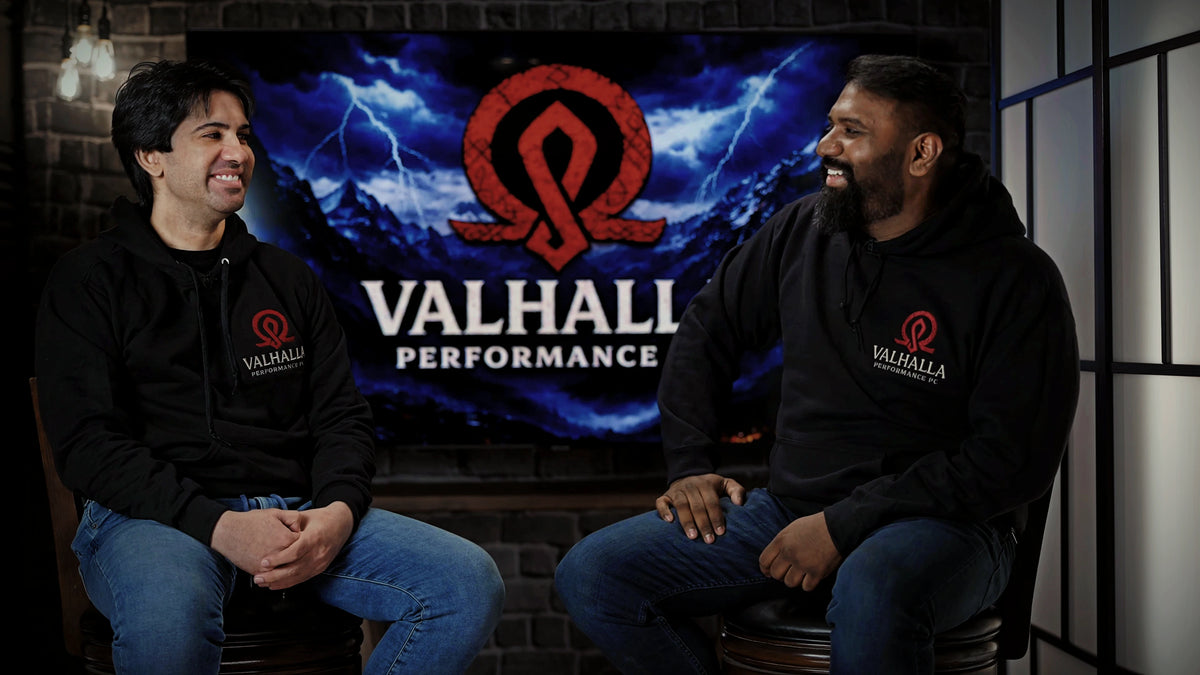 Dayton and Mohit, founders of Valhalla Performance PC, in a YouTube About Us video discussing custom gaming PCs, RTX and Radeon builds.