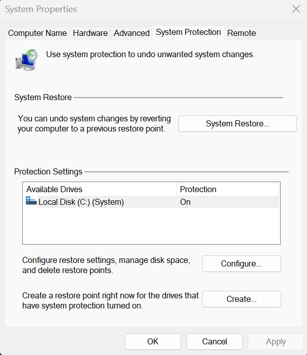 Windows 11 System Protection window showing restore point settings