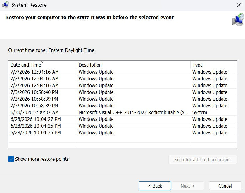 Windows 11 System Protection window showing restore point settings