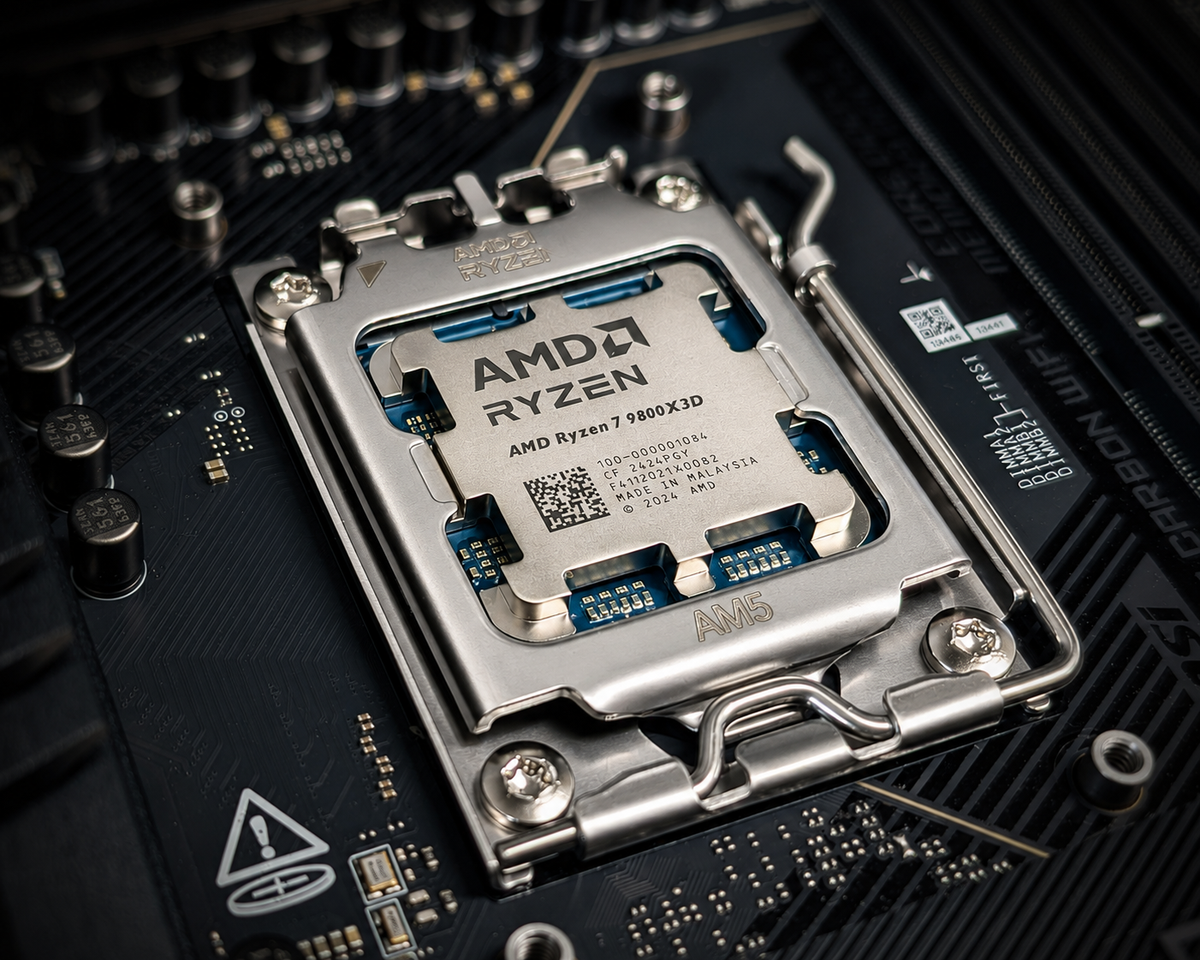 AMD Ryzen 7 9800X3D processor installed in an AM5 motherboard socket for a custom gaming PC build
