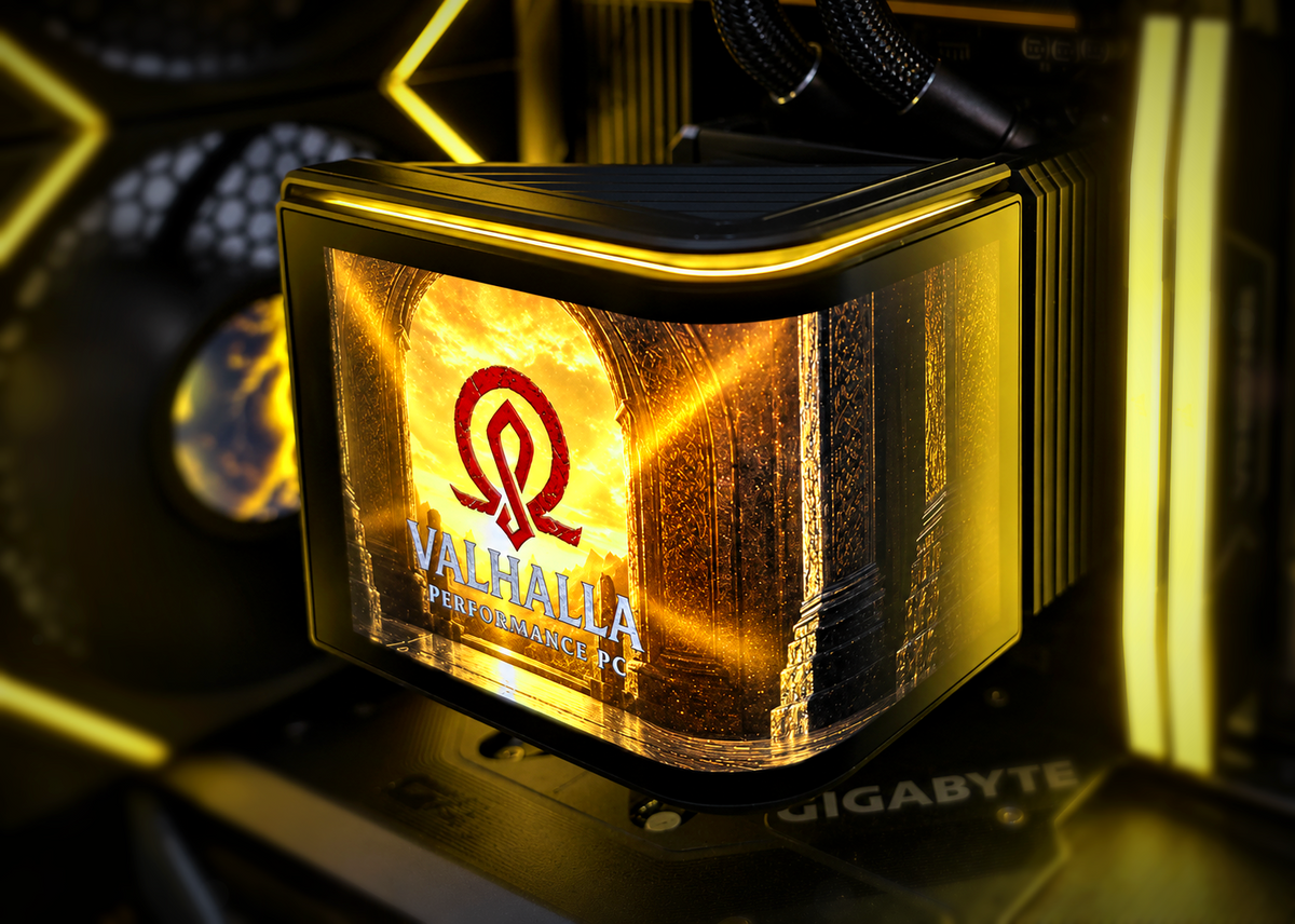 Lian Li HydroShift II curved OLED liquid cooler inside the Valhalla Baldr gaming PC with customizable display and yellow RGB