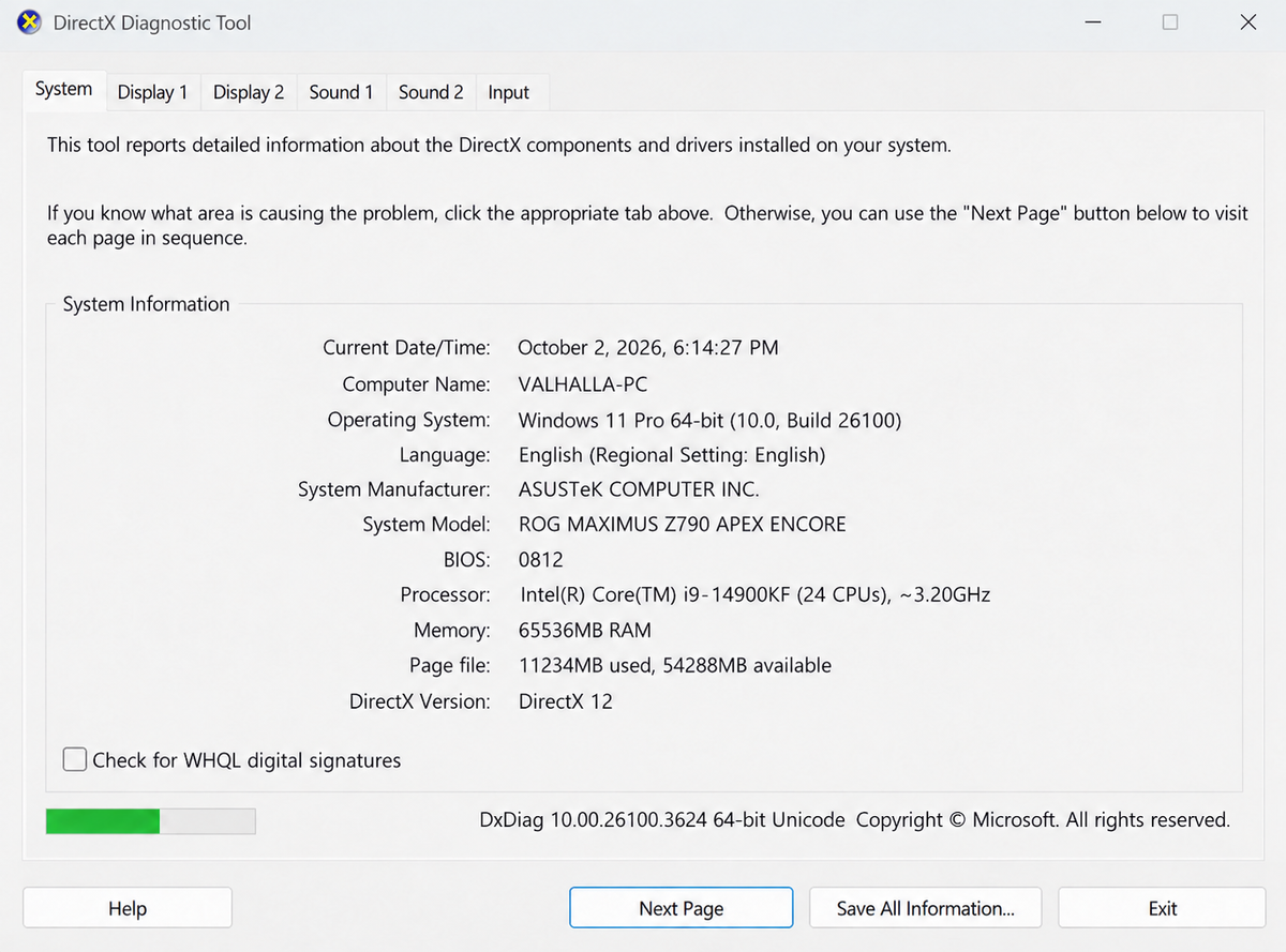 Windows DirectX Diagnostic Tool showing GPU, display memory, driver information, and DirectX details