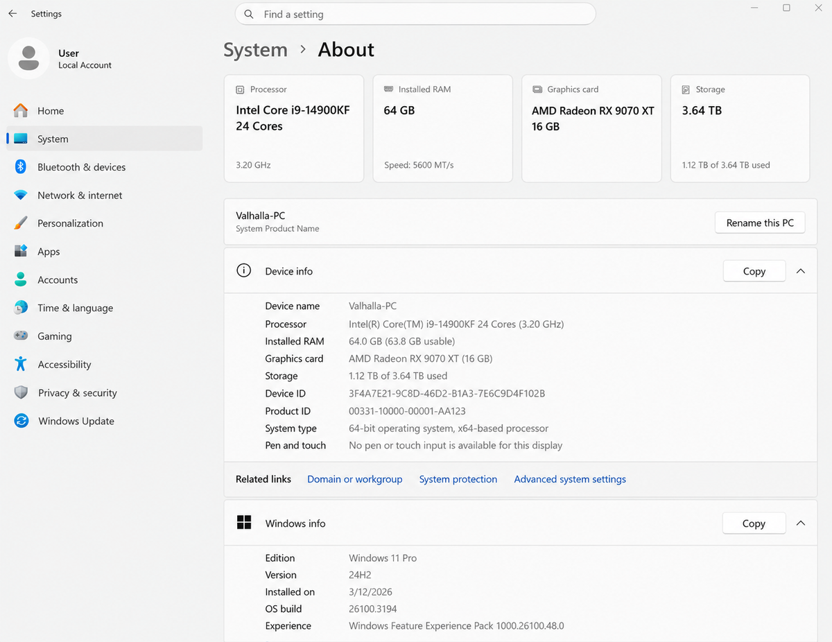 Windows 11 Settings About page showing Device specifications and Windows specifications