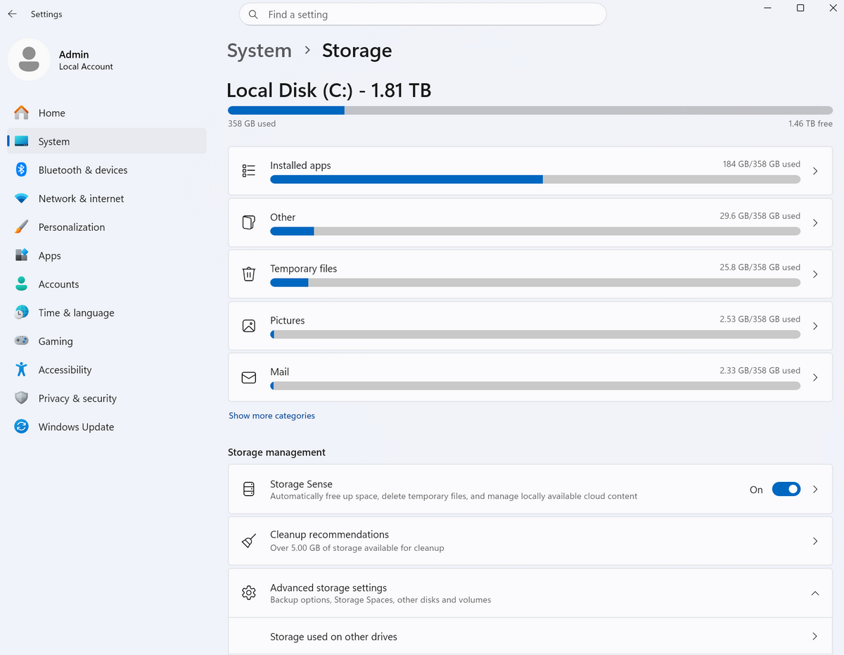 Windows 11 Storage settings showing used space, free space, and storage categories