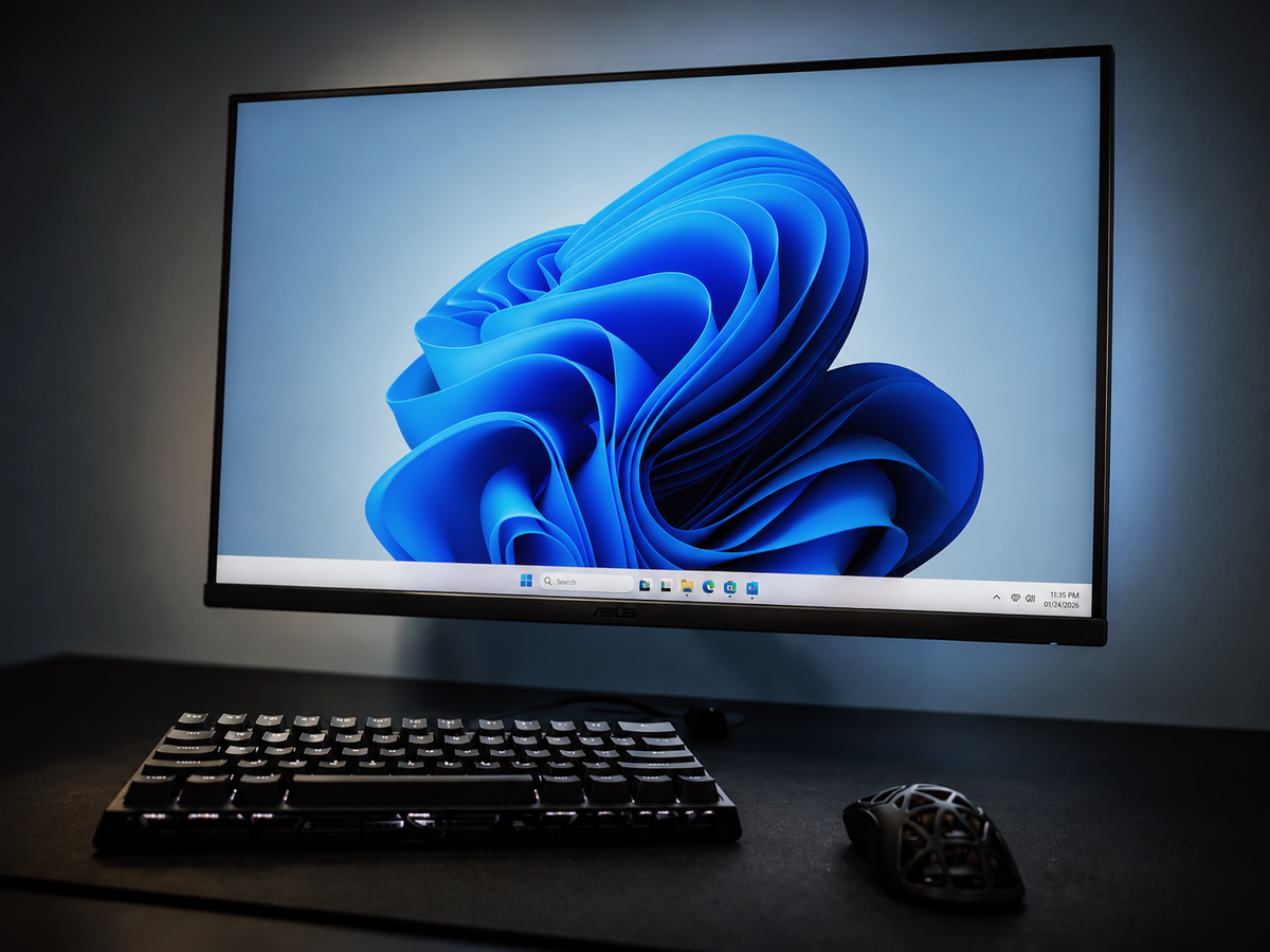 Clean Windows 11 Pro desktop setup on a dark gaming desk, showing a monitor, keyboard, and mouse for a bloat-free Valhalla PC installation.