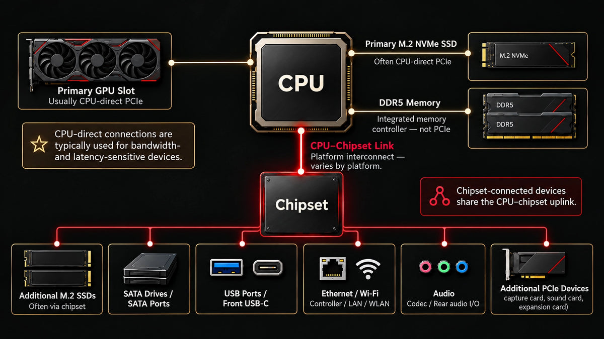 CPU vs chipset motherboard diagram showing GPU, NVMe SSD, DDR5 memory, USB, SATA, Ethernet, Wi-Fi, audio, and PCIe device connections
