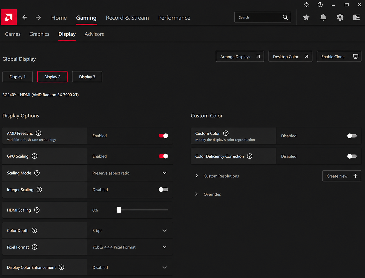 AMD Radeon Software display settings showing AMD FreeSync enabled on a gaming monitor to reduce screen tearing