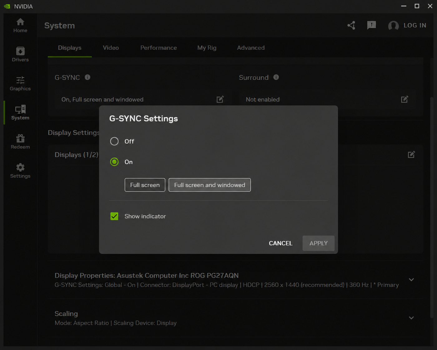 NVIDIA app G-SYNC settings with G-SYNC enabled for full-screen and windowed games