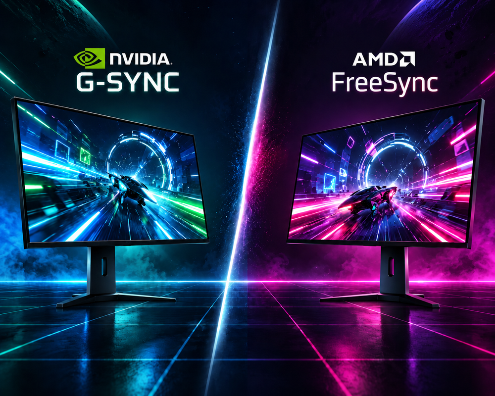 NVIDIA G-SYNC and AMD FreeSync gaming monitors illustrating variable refresh rate technologies