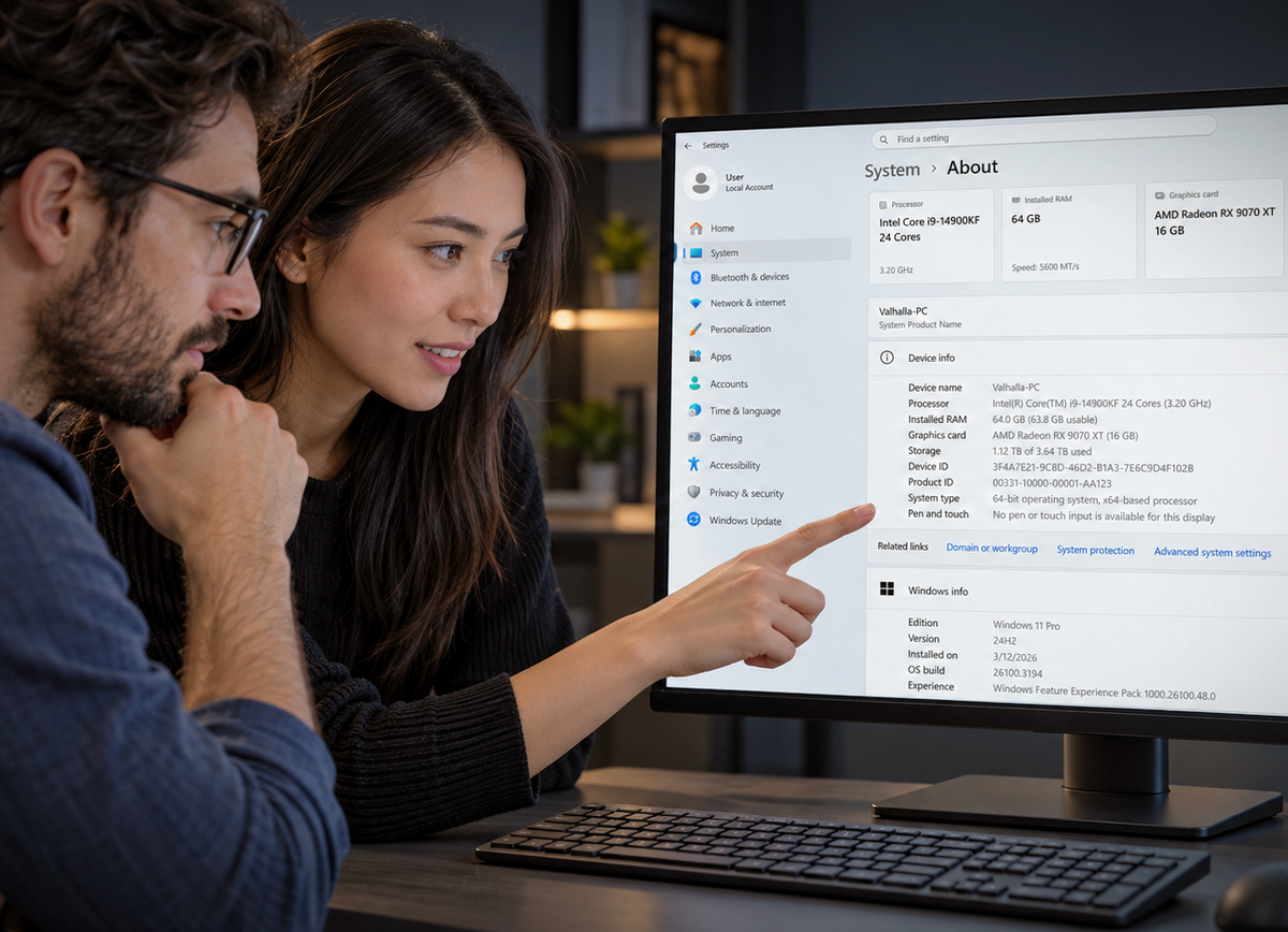 Windows 11 System About screen showing CPU, RAM, graphics card, storage, device information, and Windows version on a desktop PC