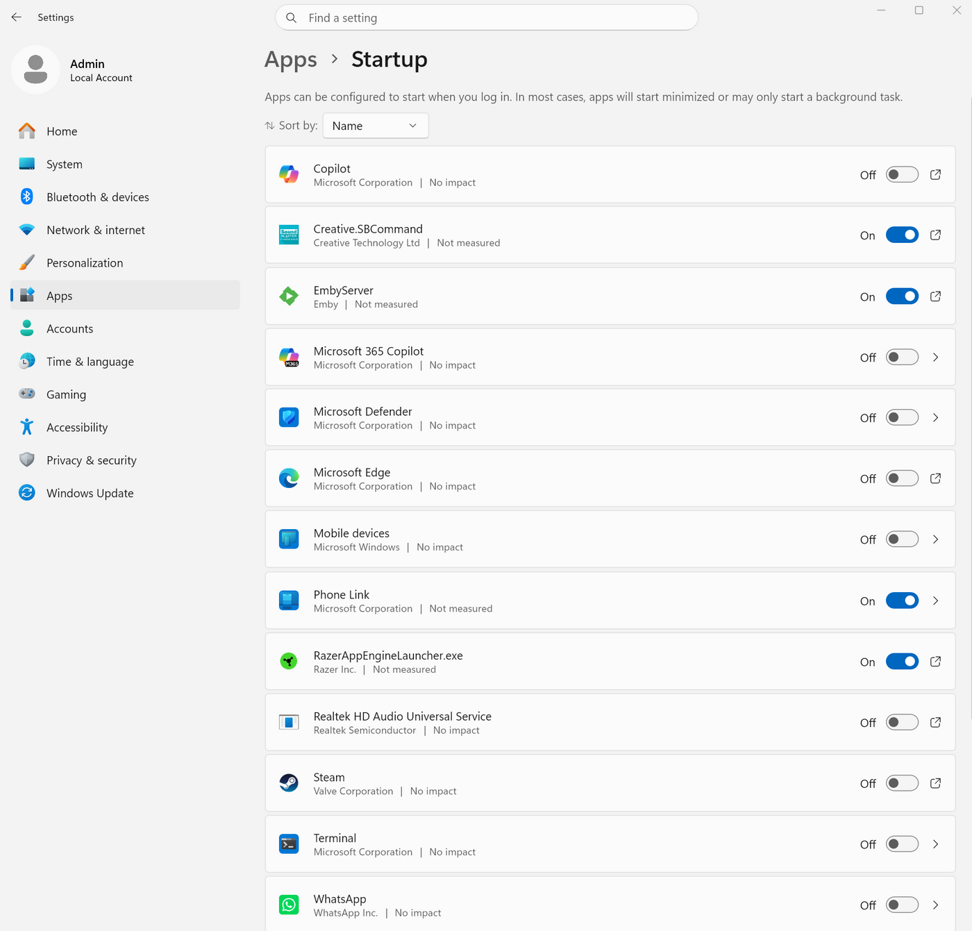 Windows 11 Settings Startup page showing toggles used to disable startup apps.