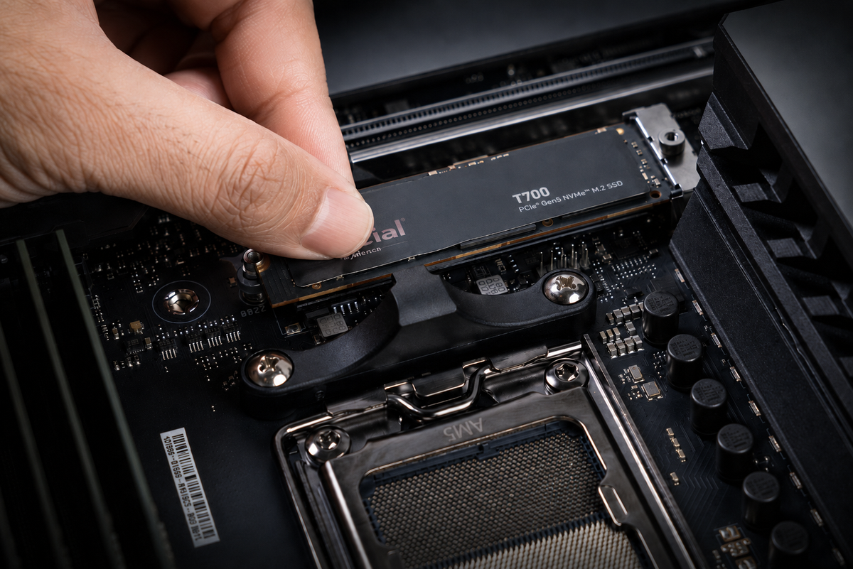 Hand installing an M.2 NVMe SSD into a gaming PC motherboard to add more storage