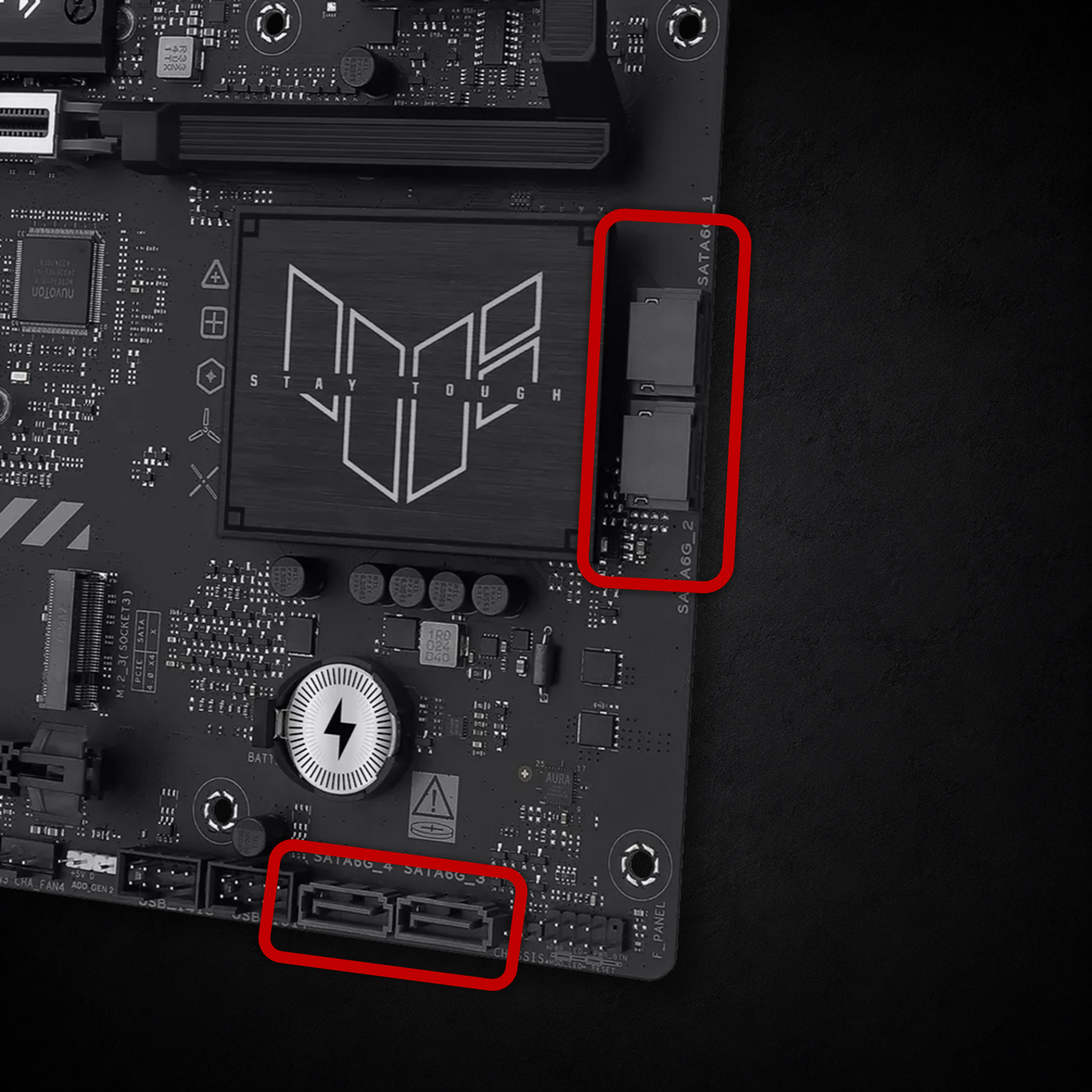 Gaming PC motherboard showing SATA ports used to install a SATA SSD or hard drive