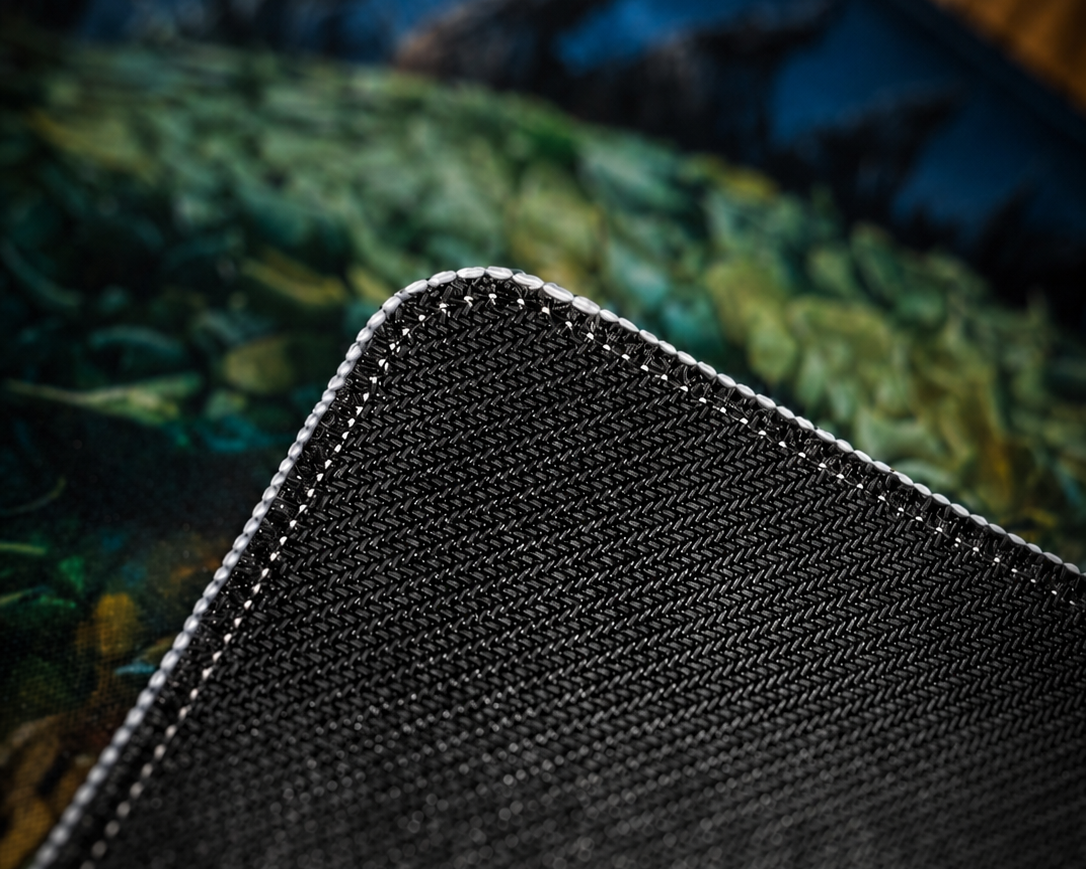 Jormungandr gaming mousepad rubber backing close-up showing textured anti-slip base, reinforced stitched edge, and Norse serpent artwork.