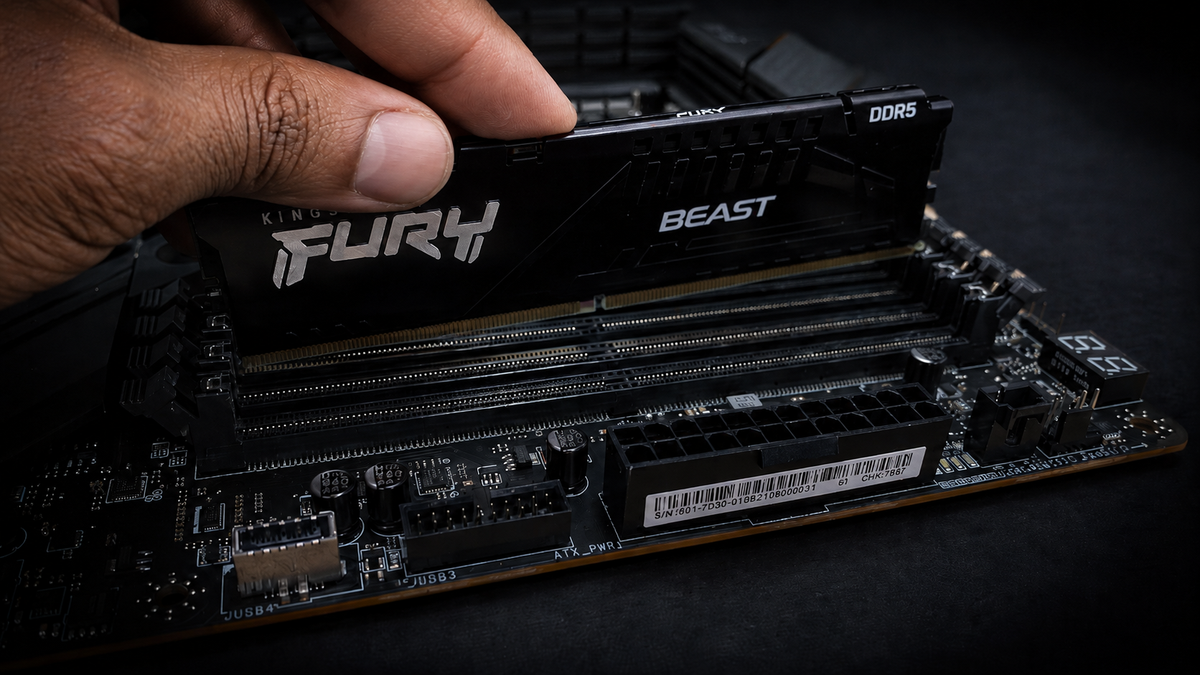Hands-on PC building class showing DDR5 RAM being installed into a motherboard during a beginner friendly gaming PC workshop.