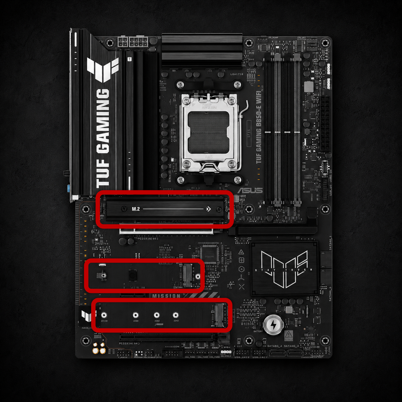 Gaming PC motherboard with common M.2 NVMe SSD slot locations highlighted
