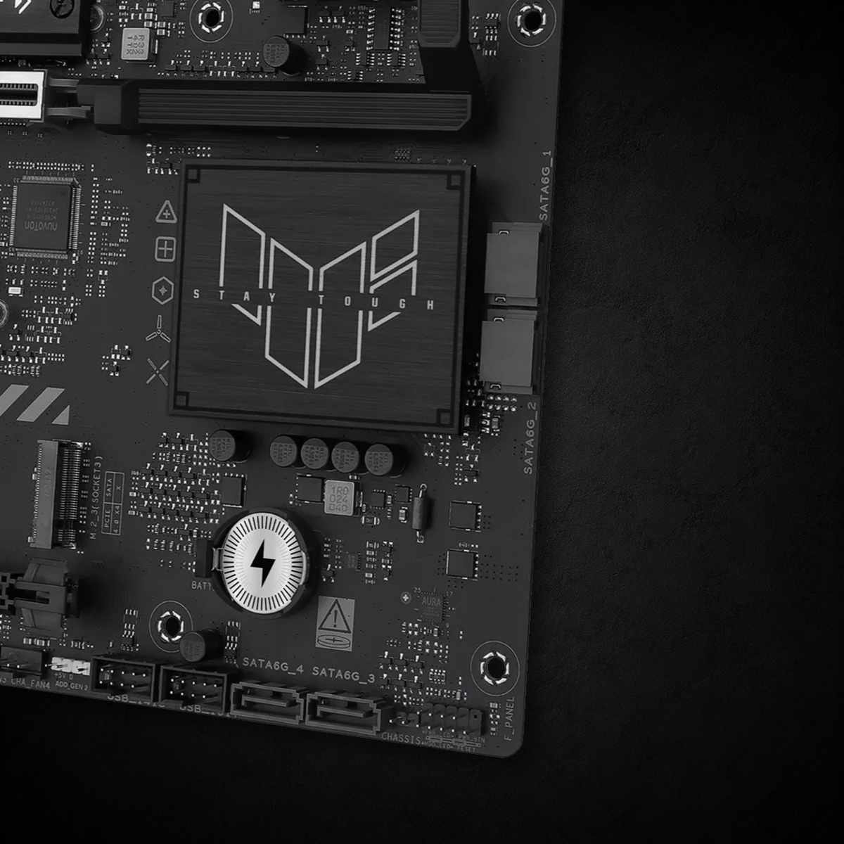 Gaming motherboard chipset area showing M.2 storage, SATA ports, onboard controllers, and internal connectivity