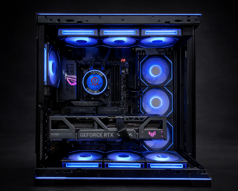 Valhalla Odin custom gaming PC with NVIDIA GeForce RTX 5090 and blue RGB lighting