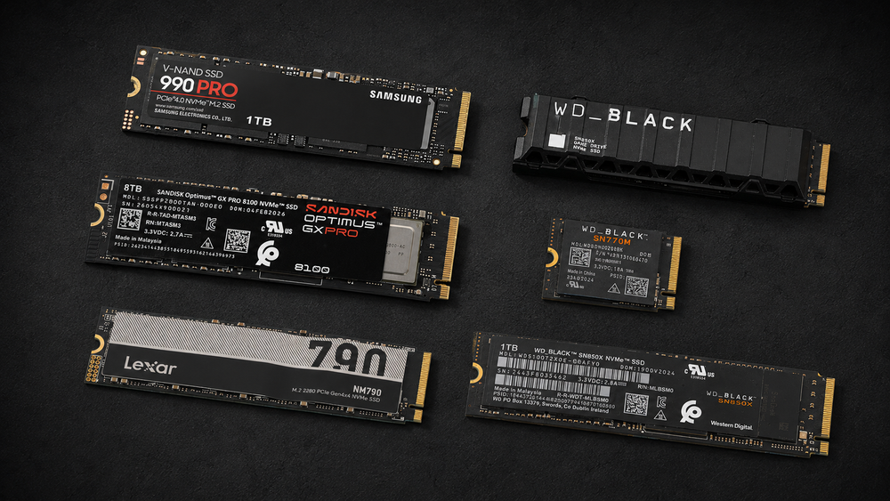 High-quality NVMe SSDs for gaming PCs including Samsung 990 Pro, SanDisk Optimus GX Pro, WD Black and Lexar drives