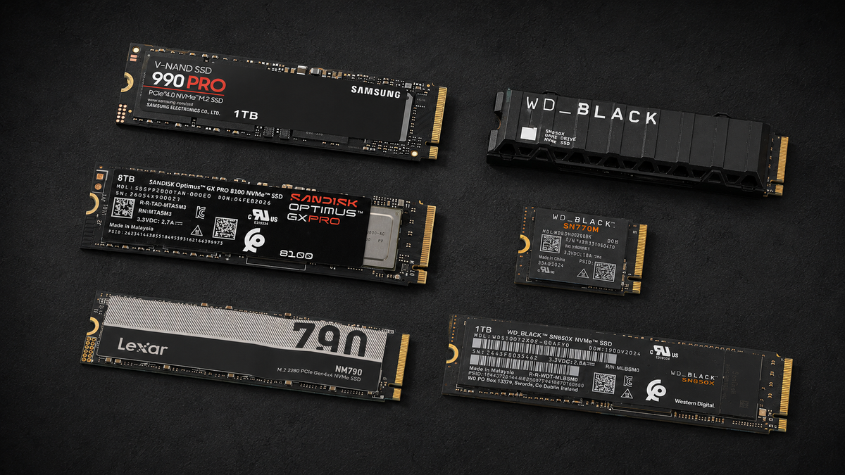High-quality NVMe SSDs for gaming PCs including Samsung 990 Pro, SanDisk Optimus GX Pro, WD Black and Lexar drives