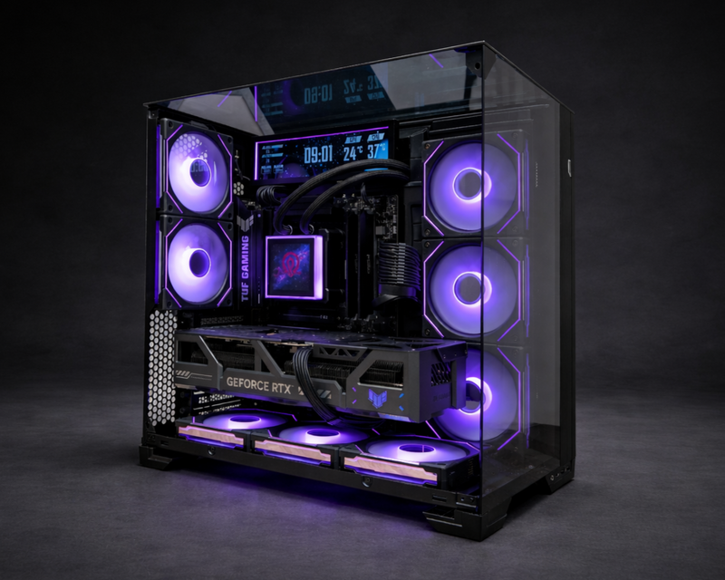 RTX 5090 custom gaming PC with purple RGB lighting built for 240Hz and 360Hz competitive gaming