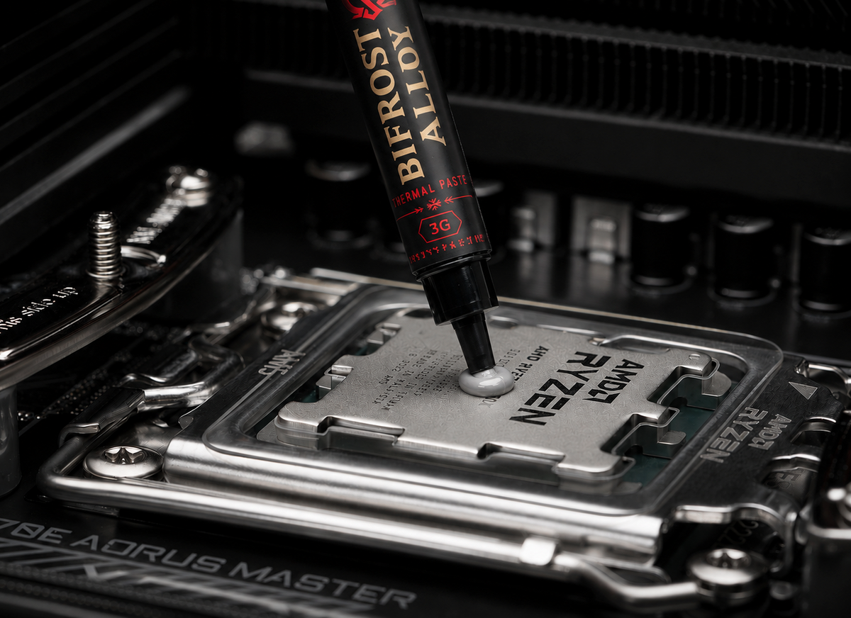 Valhalla Bifrost Alloy thermal paste being applied to an AMD Ryzen CPU
