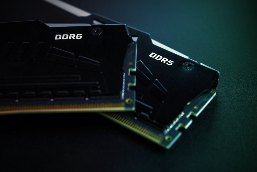 Close-up of DDR5 RAM modules used in a custom gaming PC build, showcasing high-speed desktop memory, PC hardware upgrades, and performance-focused gaming computer components for modern gaming systems.