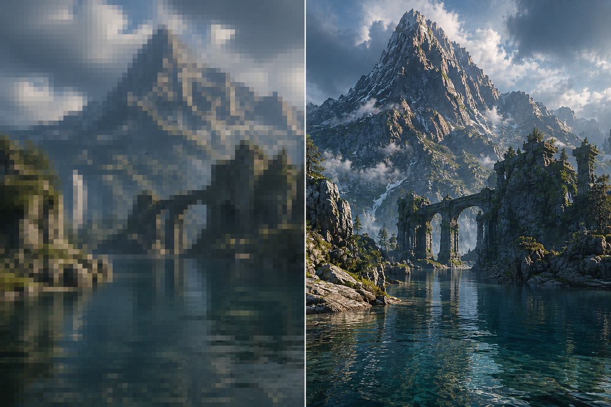 Side-by-side comparison of low-resolution and high-resolution gaming graphics for a Valhalla custom gaming PC, showing how GPU performance, graphics card power, and premium PC hardware improve visual quality in modern games.