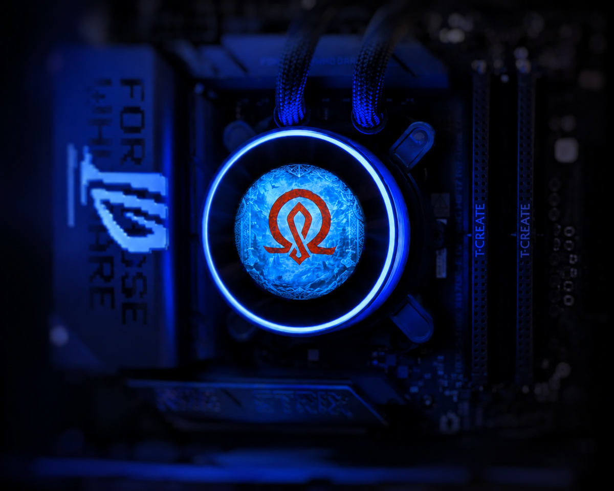 Lian Li HydroShift 360mm AIO LCD CPU cooler close-up in a Valhalla custom gaming PC build, showing premium liquid cooling, high-performance desktop hardware, motherboard components, and gaming PC thermal design.