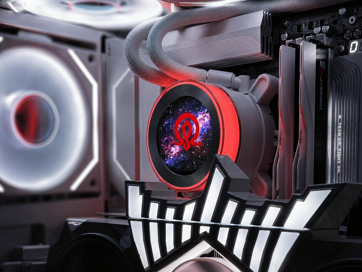 Valhalla custom gaming PC featuring a Lian Li HydroShift LCD AIO cooler, red Valhalla logo display, and GALAX RTX 5090 HOF graphics card with white RGB lighting.
