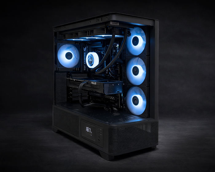 Valhalla Fenrir entry-level gaming PC featuring an AMD Ryzen X3D processor, NVIDIA GeForce RTX 50 Series graphics, blue RGB cooling fans, and a black chassis in an angled view.