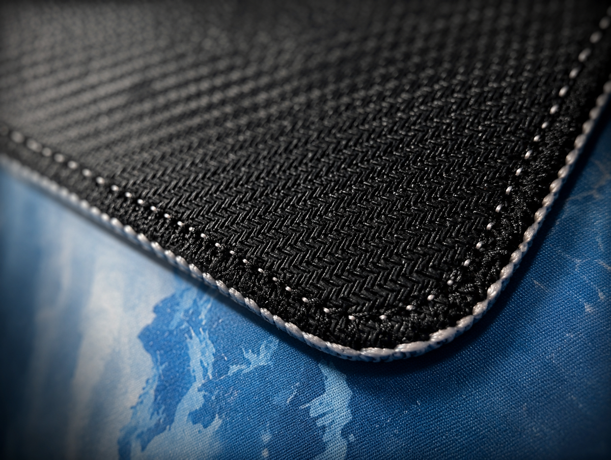Close-up of the Valhalla XL gaming mousepad showing premium stitched edges, smooth cloth surface, and detailed printed texture