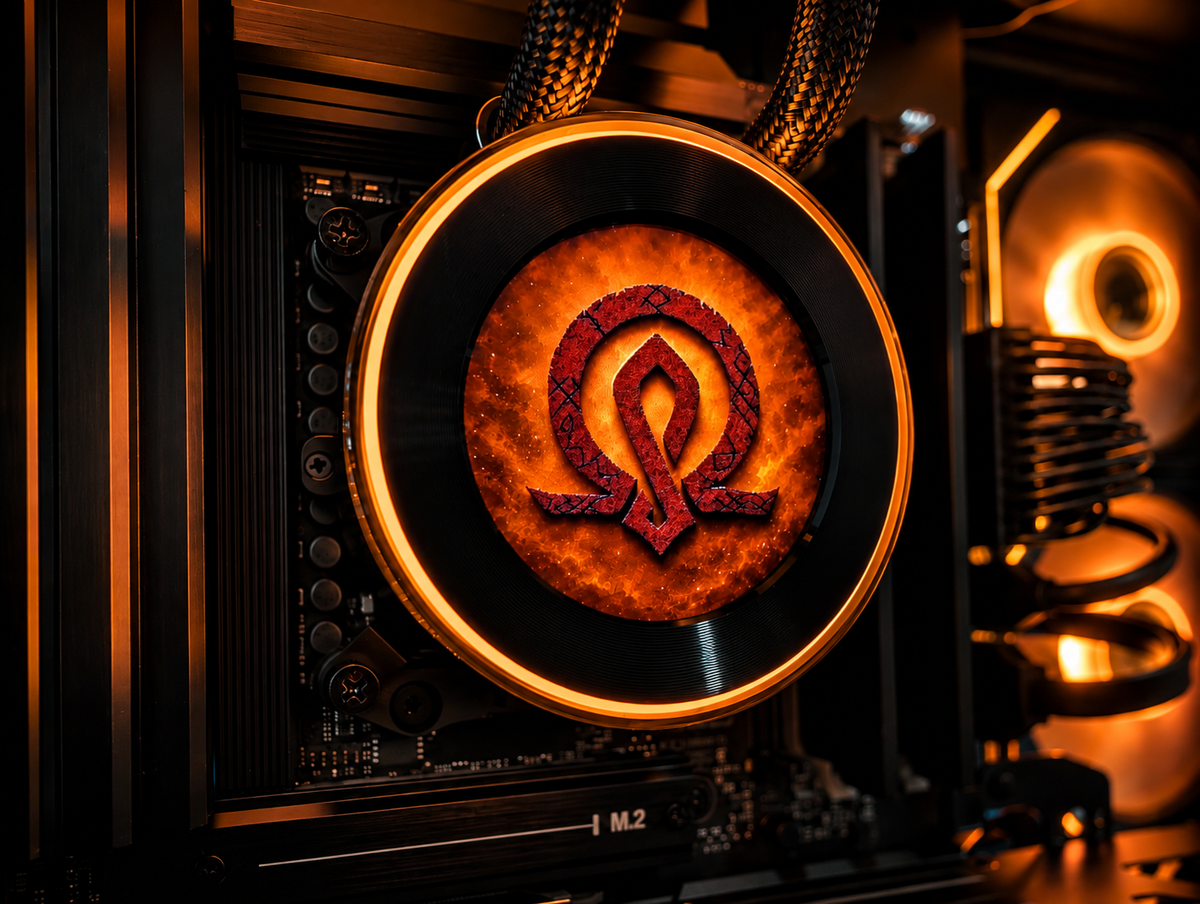 Valhalla gaming PC with AIO liquid cooler, LCD pump screen, and RGB cooling fans