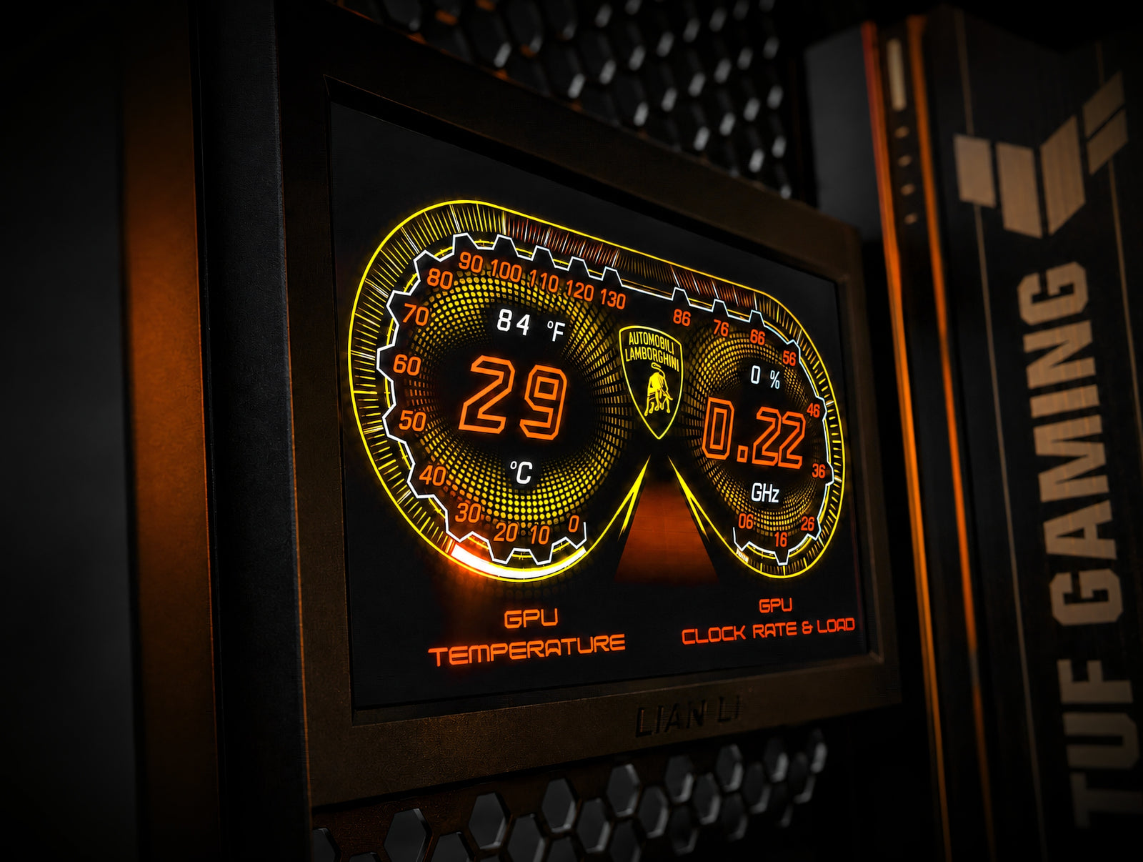 Custom LCD screen displaying Lamborghini-style system stats inside the Valhalla lambo Edition gaming PC