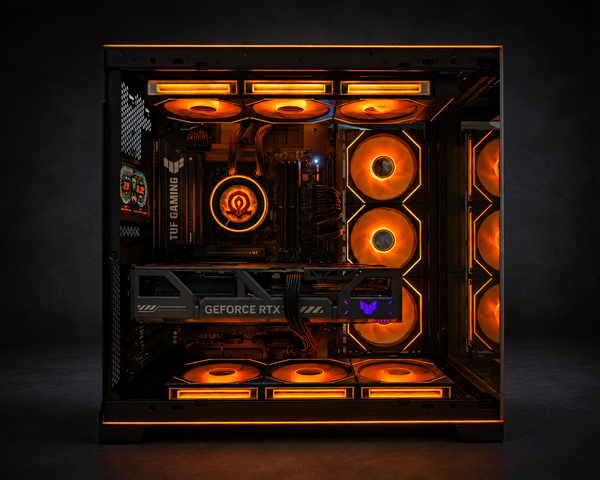 Valhalla lambo Edition Lamborghini O11D gaming PC with RTX 5080, orange lighting, and custom LCD screen