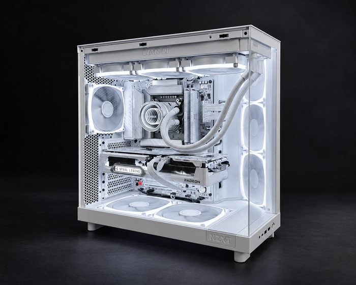 Angled view of the Valhalla Leviathan custom white gaming desktop with Intel LGA 1851 processor platform, ASRock Steel Legend Radeon RX 9070 XT GPU, NZXT H6 Flow chassis, and white RGB cooling fans.