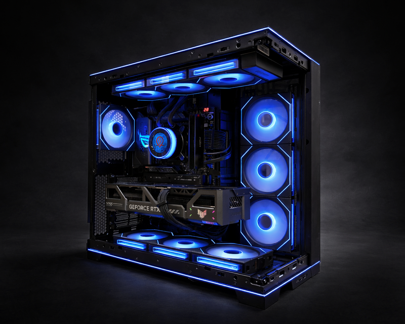 Valhalla Odin flagship 4K gaming PC shown from an angled view with blue RGB lighting, built for high-FPS gaming.