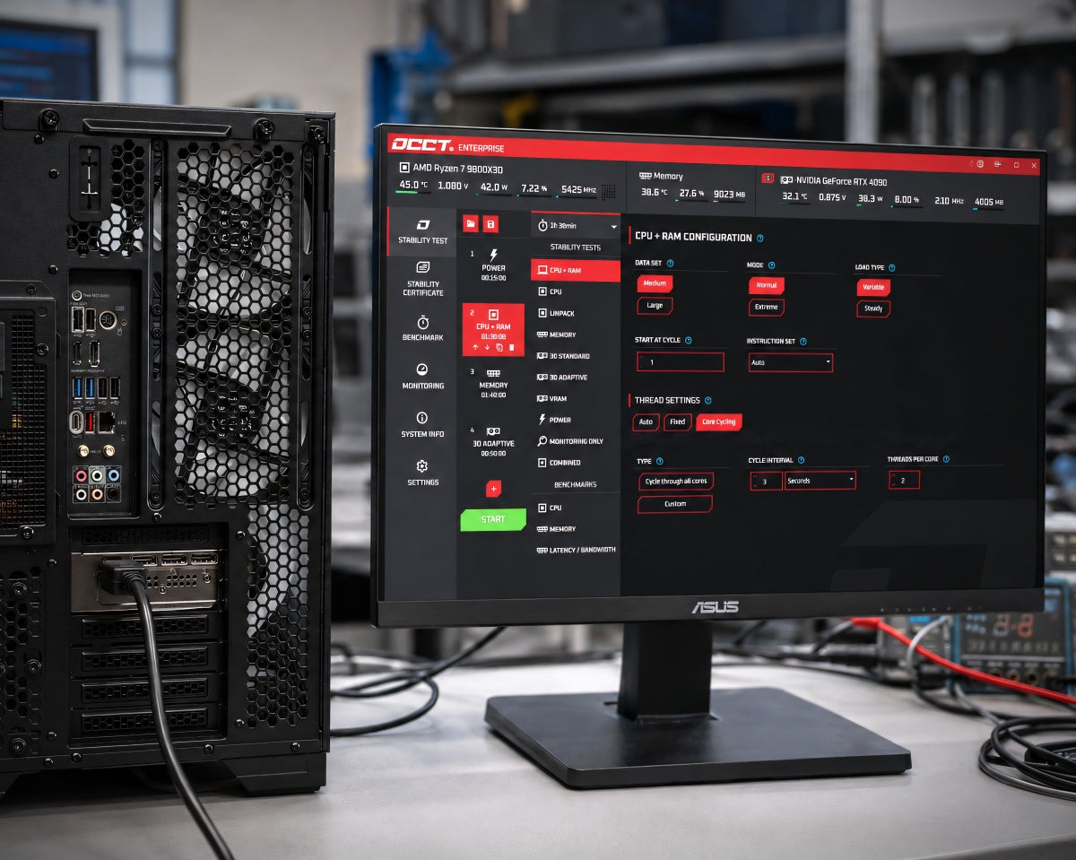Valhalla custom gaming PC connected to OCCT stability testing before shipment