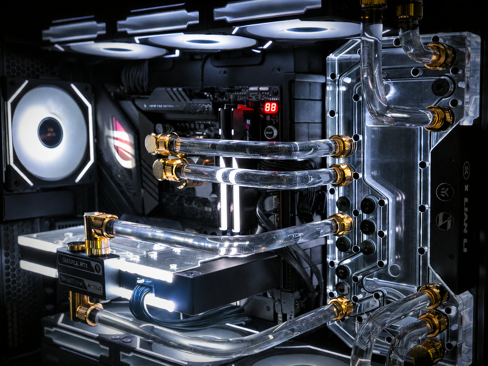 Custom Valhalla watercooled gaming PC with RTX 4090, Ryzen 7 7800X3D, clear hardline tubing, white lighting, and premium liquid cooling.
