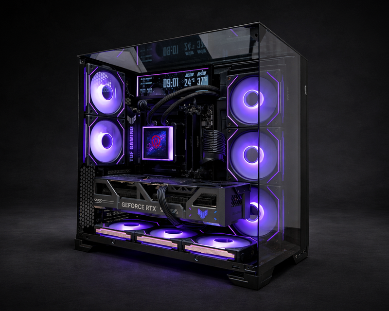 RTX 5090 custom gaming PC with purple RGB lighting built for 240Hz and 360Hz competitive gaming