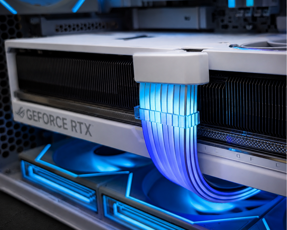 White ASUS ROG Astral GeForce RTX 5080 inside a Valhalla Thor Frost gaming PC with blue RGB lighting.