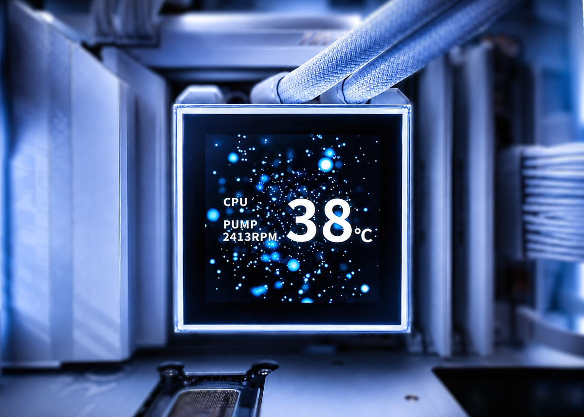 Close-up of the LCD AIO liquid cooler in the white Valhalla Thor Frostborn gaming PC displaying CPU temperature and pump speed.