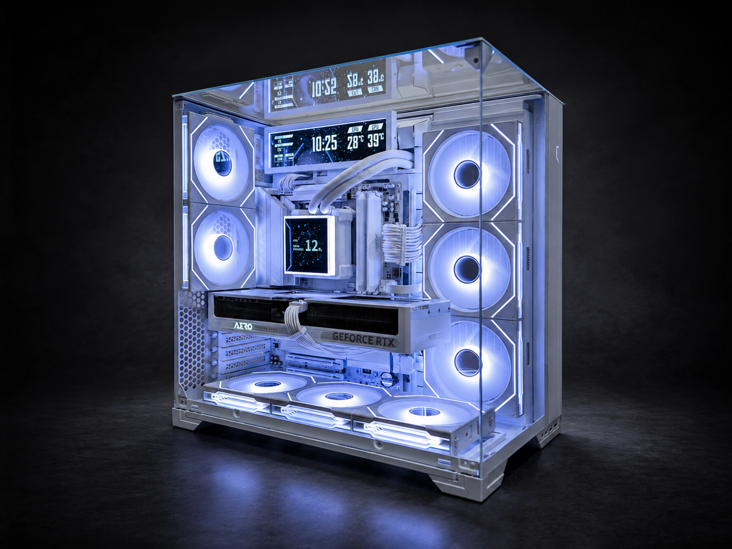 Thor Frostborn white gaming PC angled view with panoramic glass, liquid cooling, RGB fans, and Lian Li display