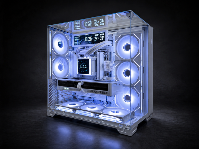 Thor Frostborn white gaming PC angled view with panoramic glass, liquid cooling, RGB fans, and Lian Li display