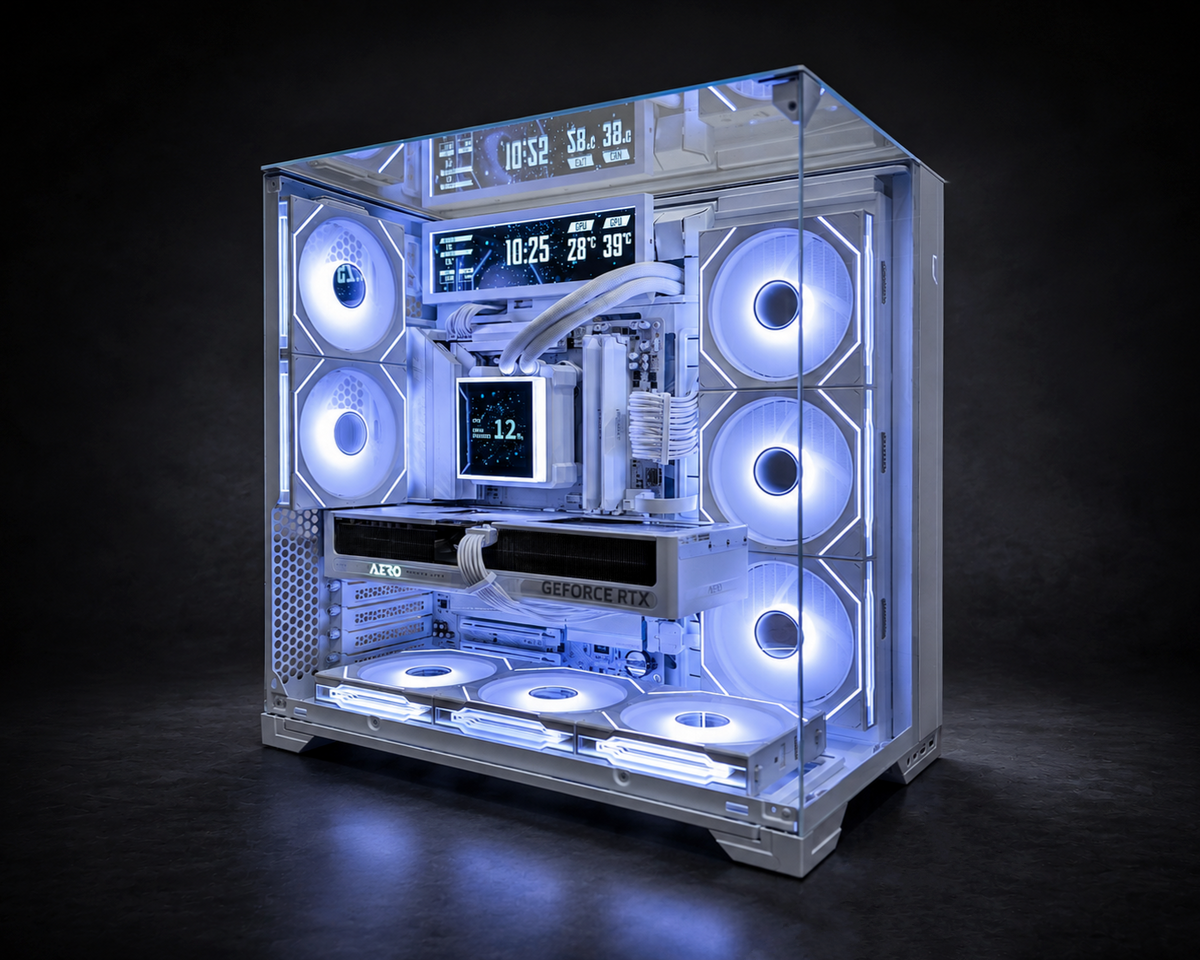 Thor Frostborn white gaming PC angled view with panoramic glass, liquid cooling, RGB fans, and Lian Li display