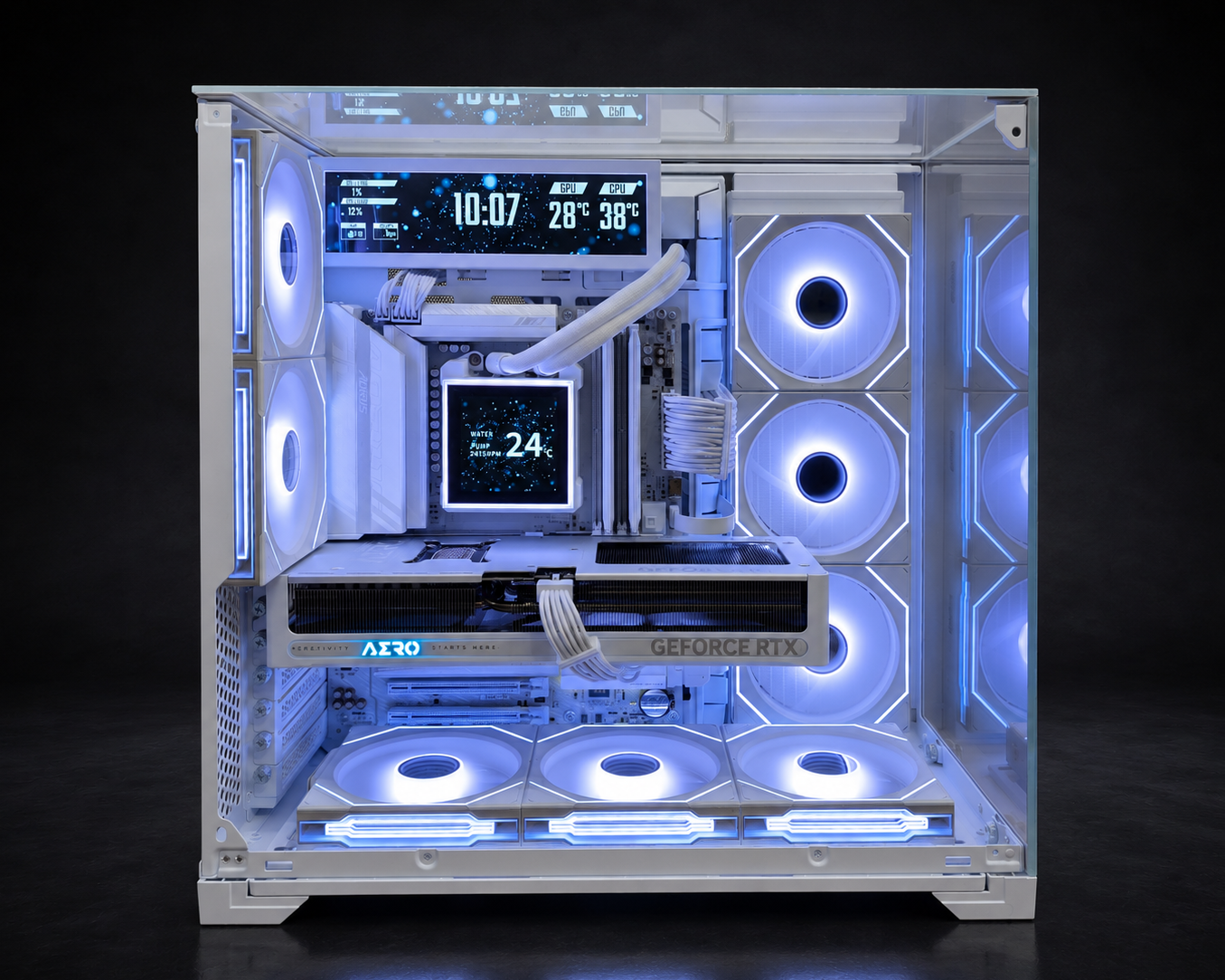 Thor Frostborn white gaming PC side view with panoramic glass, liquid cooling, RGB fans, and internal display